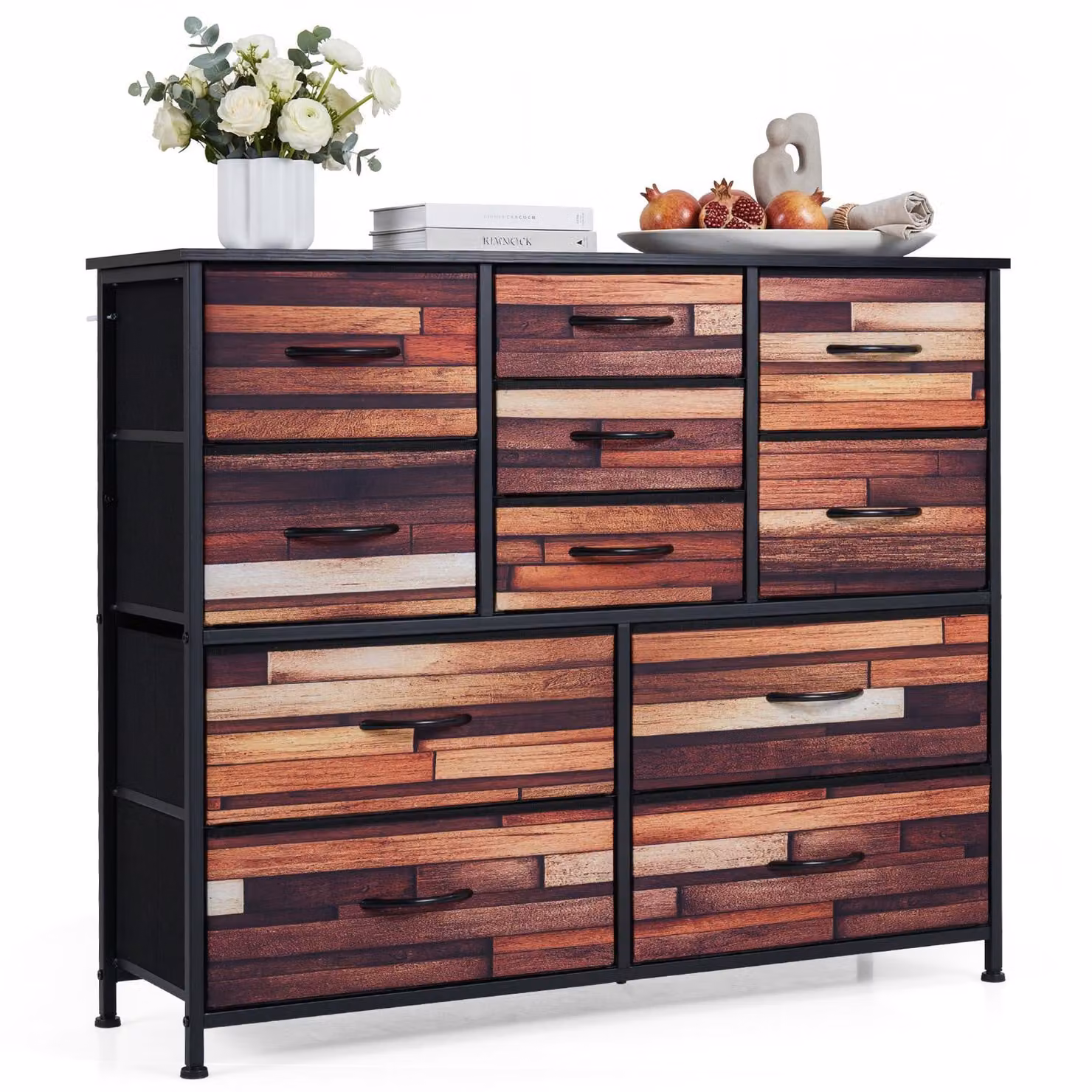 Comodino COSTWAY con 11/14 cassetti, cassettiera con struttura in metallo e rivestimento in tessuto, superficie in legno, mobile contenitore, 100 x 30 x 82 cm