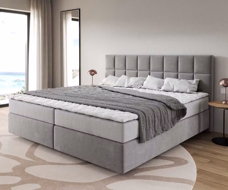 Letto con boxspring DELIFE, modello Dream-Fine, in microfibra grigia, dimensioni 200x200 cm, completo di materasso a molle insacchettate e topper in memory foam