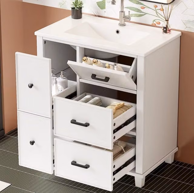 Mobile lavabo freestanding ULEVR 76,5x47x83,5 cm con lavabo integrato in ceramica, 4 cassetti e vano a ribalta, bianco