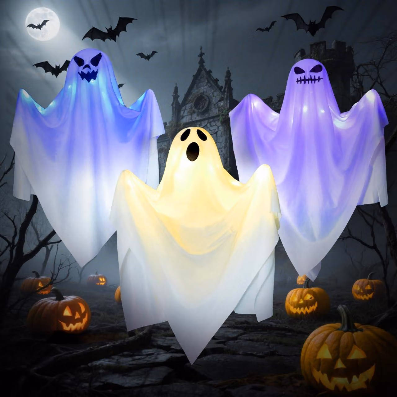 Set di 3 decorazioni a forma di sacco con motivi di Halloween, con luci LED, ideali per essere appese