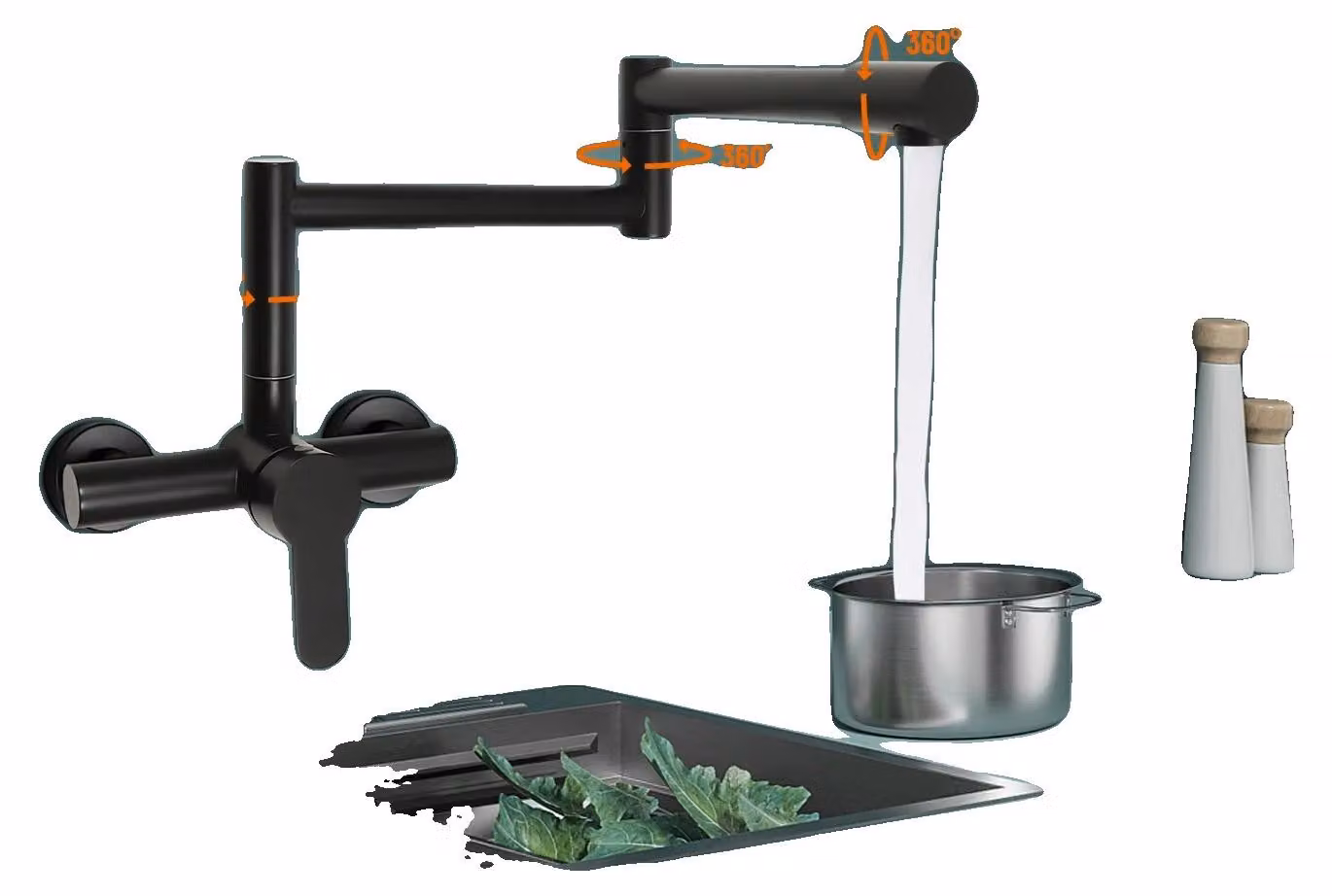 Rubinetto da cucina da montare a parete, con corpo in ottone, braccio girevole a 360°, portata di 40 cm, comando monoleva, adatto per lavelli