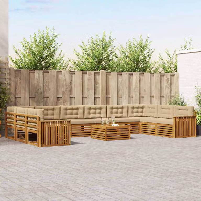 vidaXL Set di divani da giardino a L composto da 11 pezzi in legno di acacia massello, colore beige e marrone