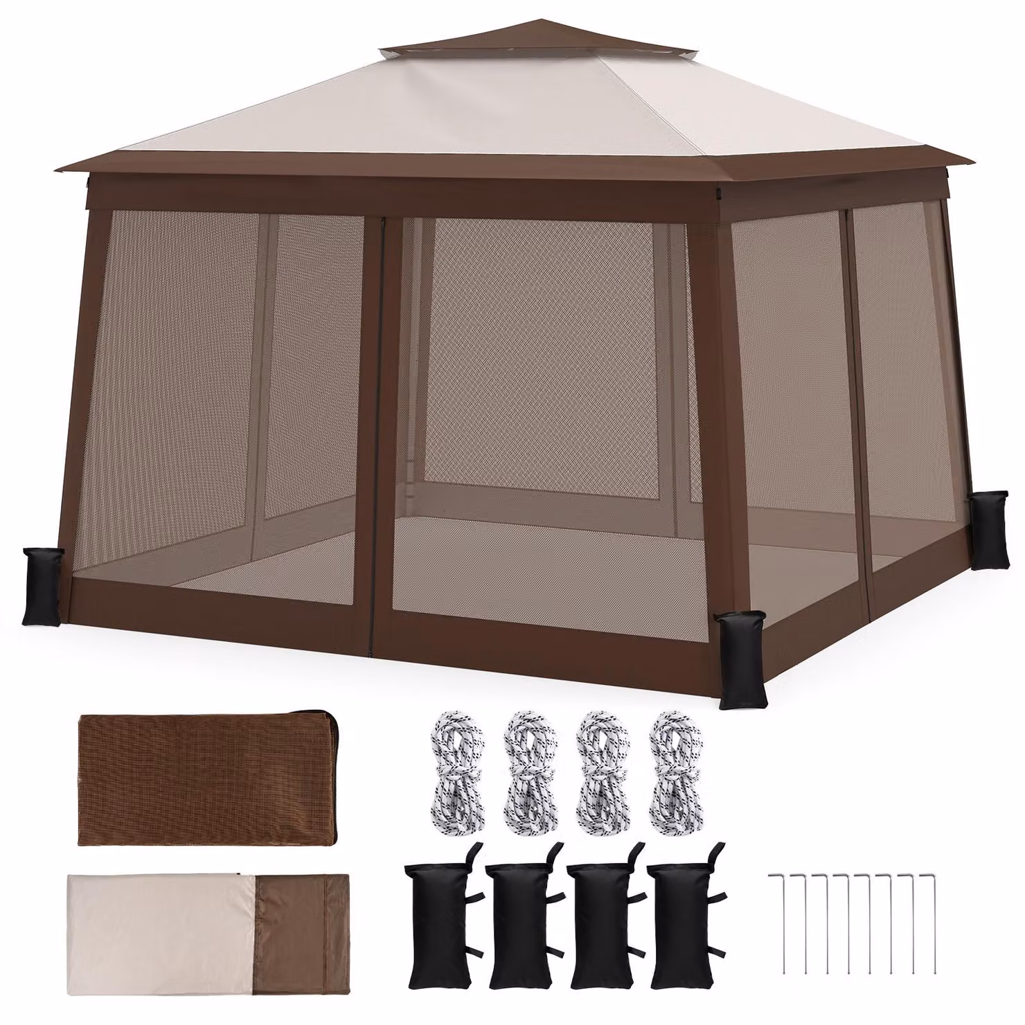 Gazebo COSTWAY 3,3x3,3 m, gazebo da giardino con doppio tetto, 4 pareti laterali, gazebo pieghevole per feste regolabile in altezza, con borsa da trasporto dotata di rotelle
