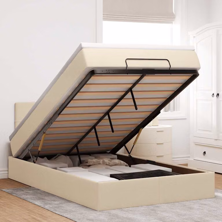 Struttura Letto con Materasso e Contenitore a Sollevamento vidaXL, Colore Beige e Bianco, L 120 x P 200 cm