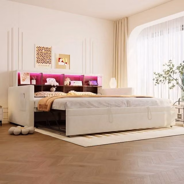 Letto Imbottito con Letto Estraibile ¨C Xylo ¨C Velluto Beige, LED, 90x190