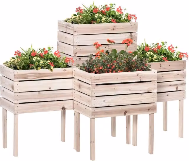 Set di 4 Fioriere Rialzate Modulabili XYLO in Legno di Abete Naturale Beige L: 50 cm, P: 30 cm, H: 60 cm