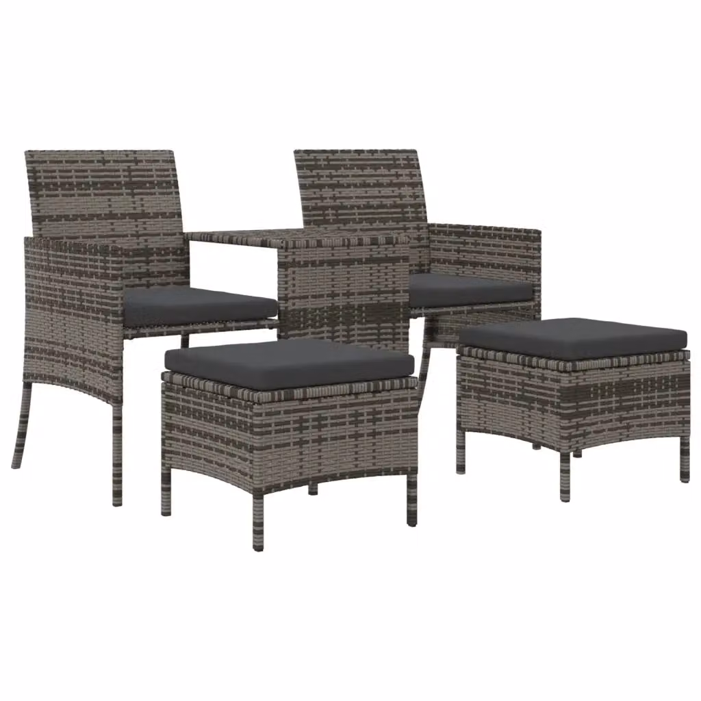 Set da giardino moderno vidaXL con divano a 2 posti, tavolo da caffè e sgabello, in rattan e metallo grigio con cuscini inclusi – 2