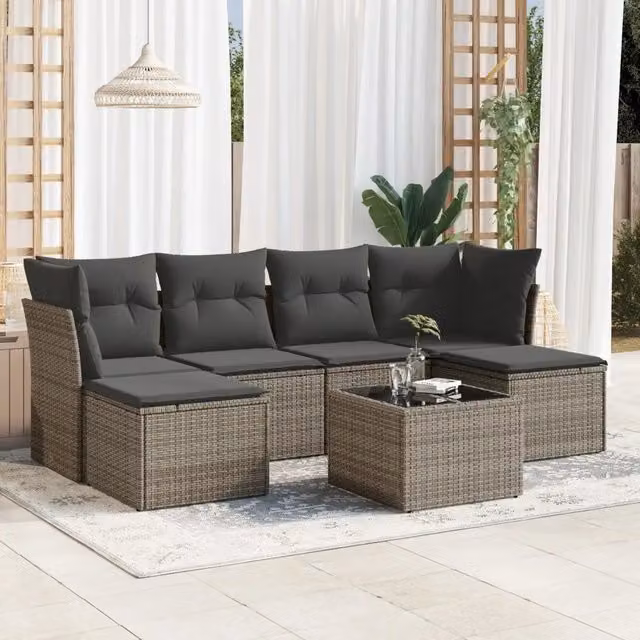 Set Divani da Giardino 7 pz con Cuscini Grigio in Polyrattan 3218020