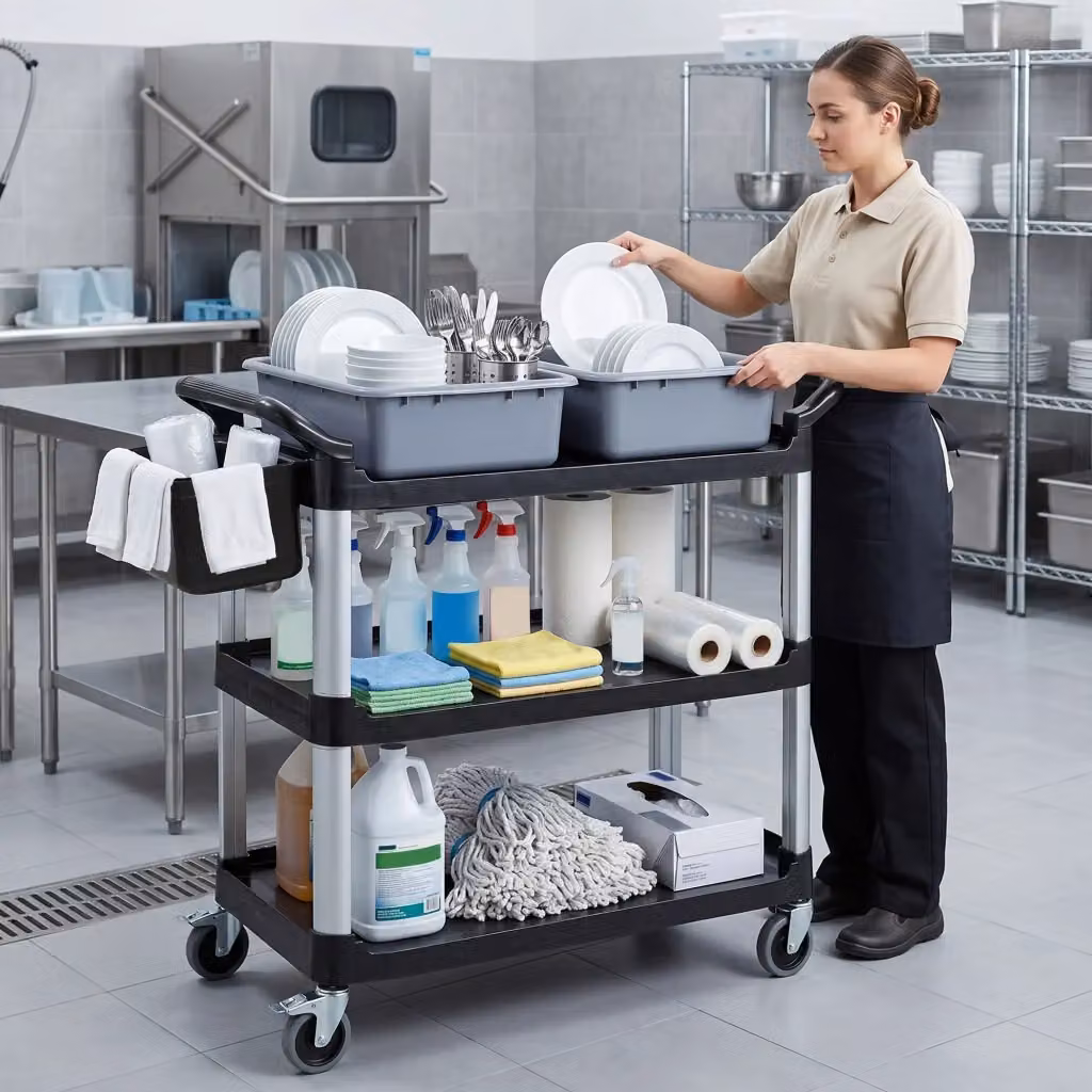 Carrello per pulizie professionale GIORDANOSHOP con 3 ripiani, 2 contenitori rimovibili, bidone laterale e ruote, L/P/H: 115 x 50 x 100 cm – 2