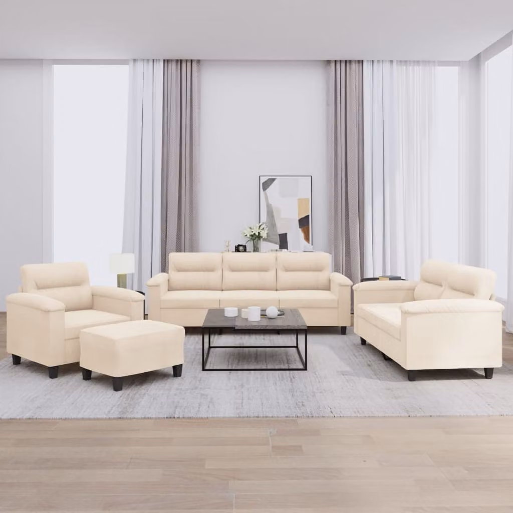 Set di divani vidaXL 4 pezzi in microfibra beige con cuscini e pouf per soggiorno