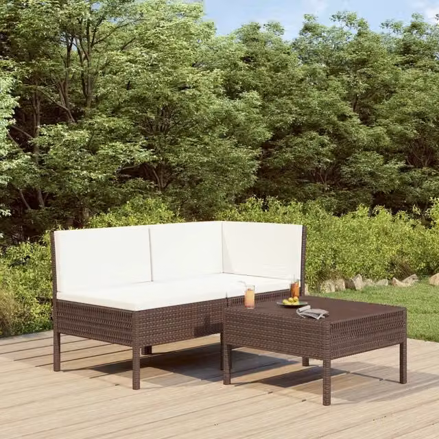 Set da giardino moderno vidaXL composto da 3 pezzi con divano ad angolo a sinistra, tavolino da caffè e cuscini bianchi in rattan marrone con struttura in acciaio verniciato a polvere – 1
