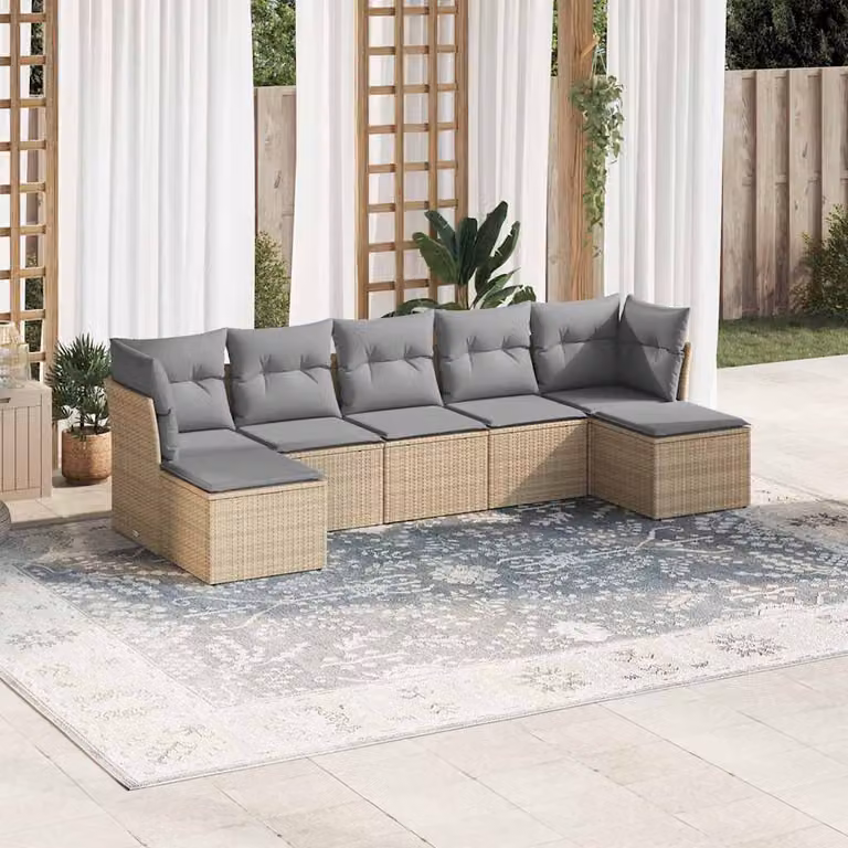Set di divani da giardino vidaXL in 7 pezzi con cuscini grigi in polyrattan e struttura in metallo