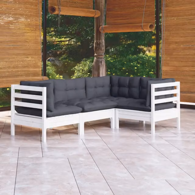 Set Divani da Giardino 4 pz con Cuscini Bianchi Legno di Pino 3096371
