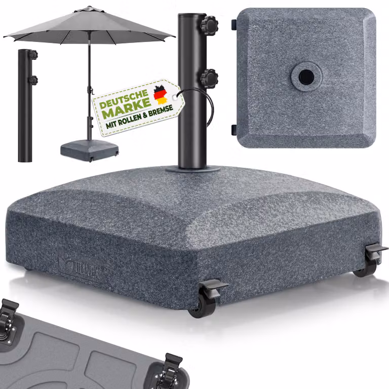 Supporto per ombrelloni tillvex® PAVERA con rotelle e freni, effetto granito | Supporto riempibile da 37 litri / 56 kg | Peso dell'ombrellone: ombrelloni da spiaggia e da mercato Ø 1,8-3,7 m | Supporto per ombrelloni a braccio laterale resistente alle int