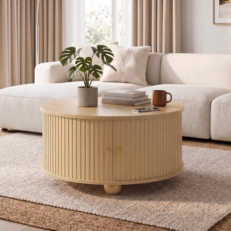MODFU, tavolino da divano rotondo, tavolino laterale con struttura a rilievo verticale, tavolino da soggiorno con due ante scorrevoli e quattro vani contenitori, design naturale