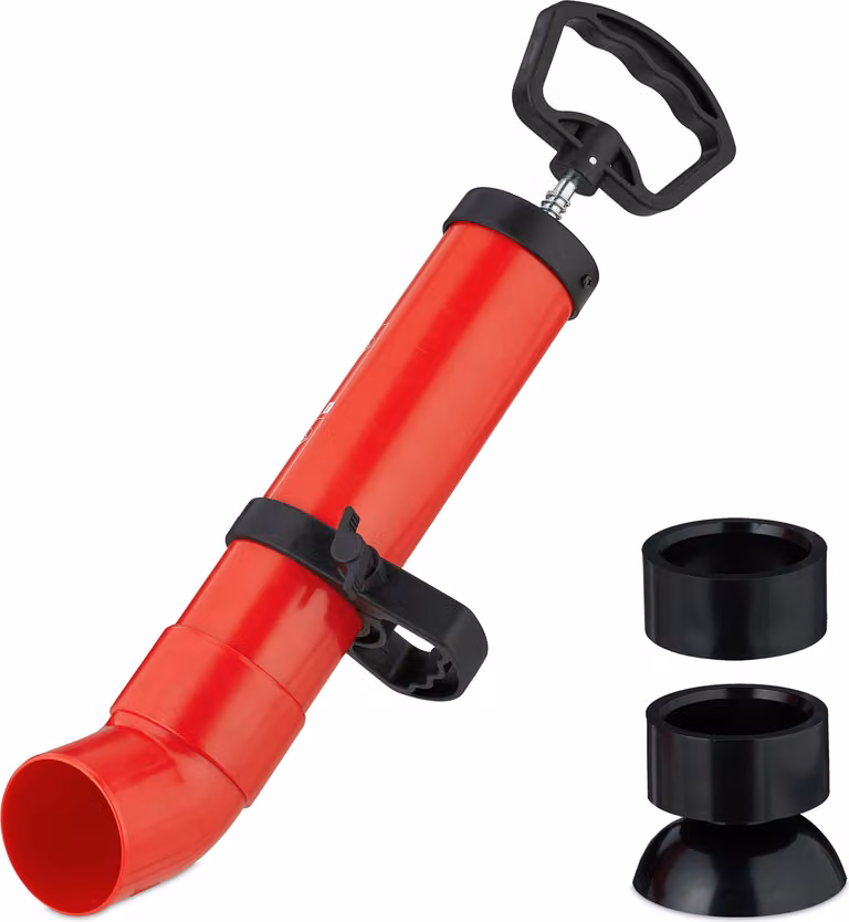 Pompa per la pulizia delle tubature Relaxdays, 2 beccucci per doccia e lavandino, pulitore per scarichi ad aria compressa, senza sostanze chimiche, nero/rosso