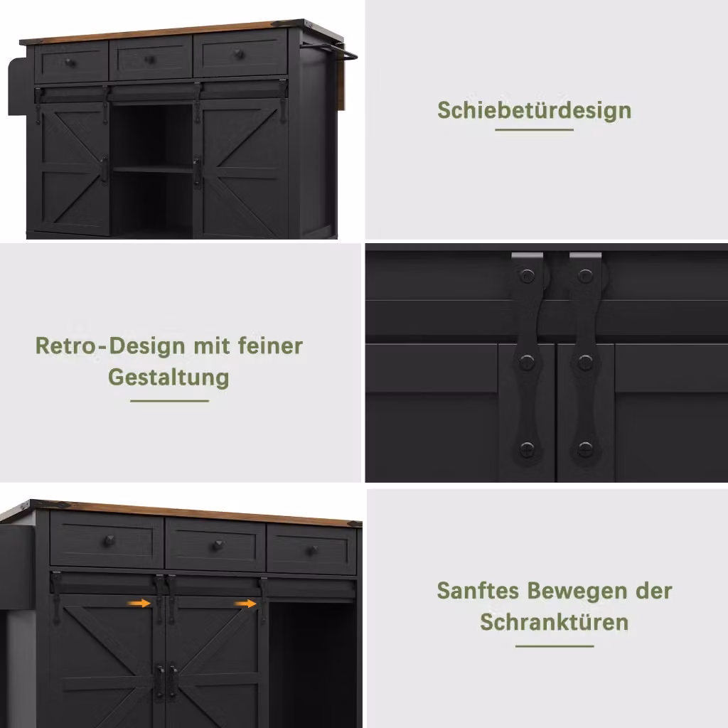 Isola da cucina moderna REDOM in MDF nero opaco con piano ribaltabile e ruote L/P/H: 140 x 73 x 94 cm – 2