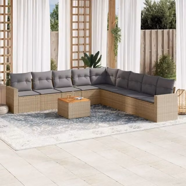 vidaXL Set Divano da Giardino 10 pz a Forma di L con Cuscini Beige e Grigio in Polyrattan e Legno di Acacia