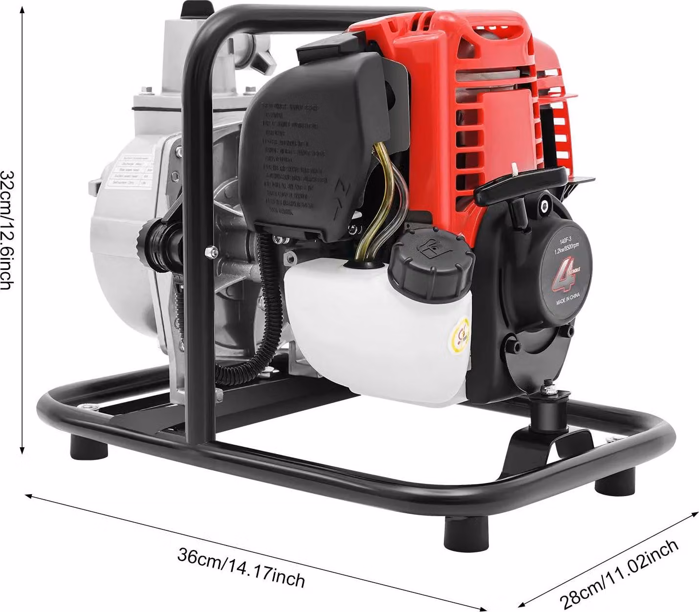 Pompa a benzina - Motopompa a 4 tempi - Avviamento a fune - 1,2 kW - 38 cm³ - Serbatoio dell'olio da 900 ml - Modello da terra - Argento/Rosso/Nero