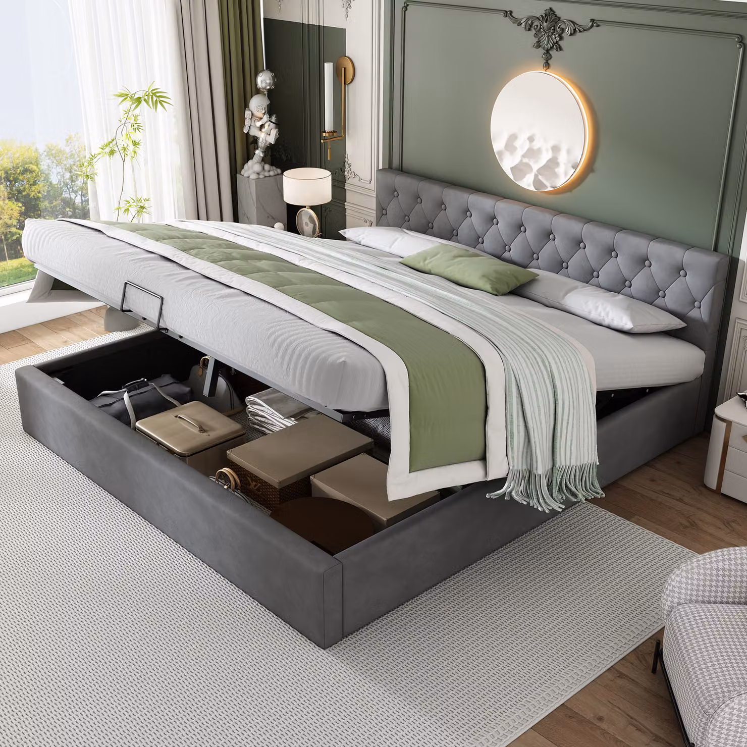 Letto Merax a molle idrauliche 180x200cm con rete, letto imbottito con rete a doghe e contenitore, letto matrimoniale in velluto, grigio