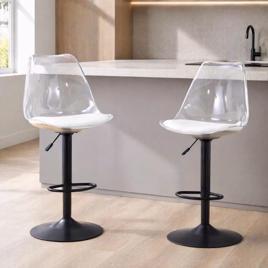 Sgabello bar moderno REDOM trasparente e nero in metallo e plastica, altezza regolabile da 60 a 80 cm – 2