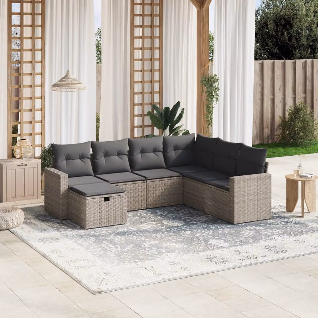 vidaXL Set Divani da Giardino a L 7 pz in Polyrattan Grigio con Cuscini e Struttura in Acciaio – 1