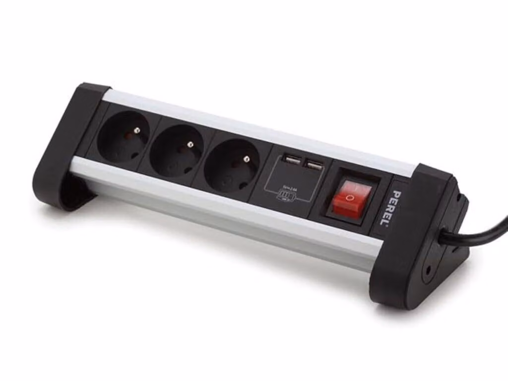 Presa di corrente da tavolo con 3 prese e 2 porte di ricarica USB - 2,4 A - Pin Terra