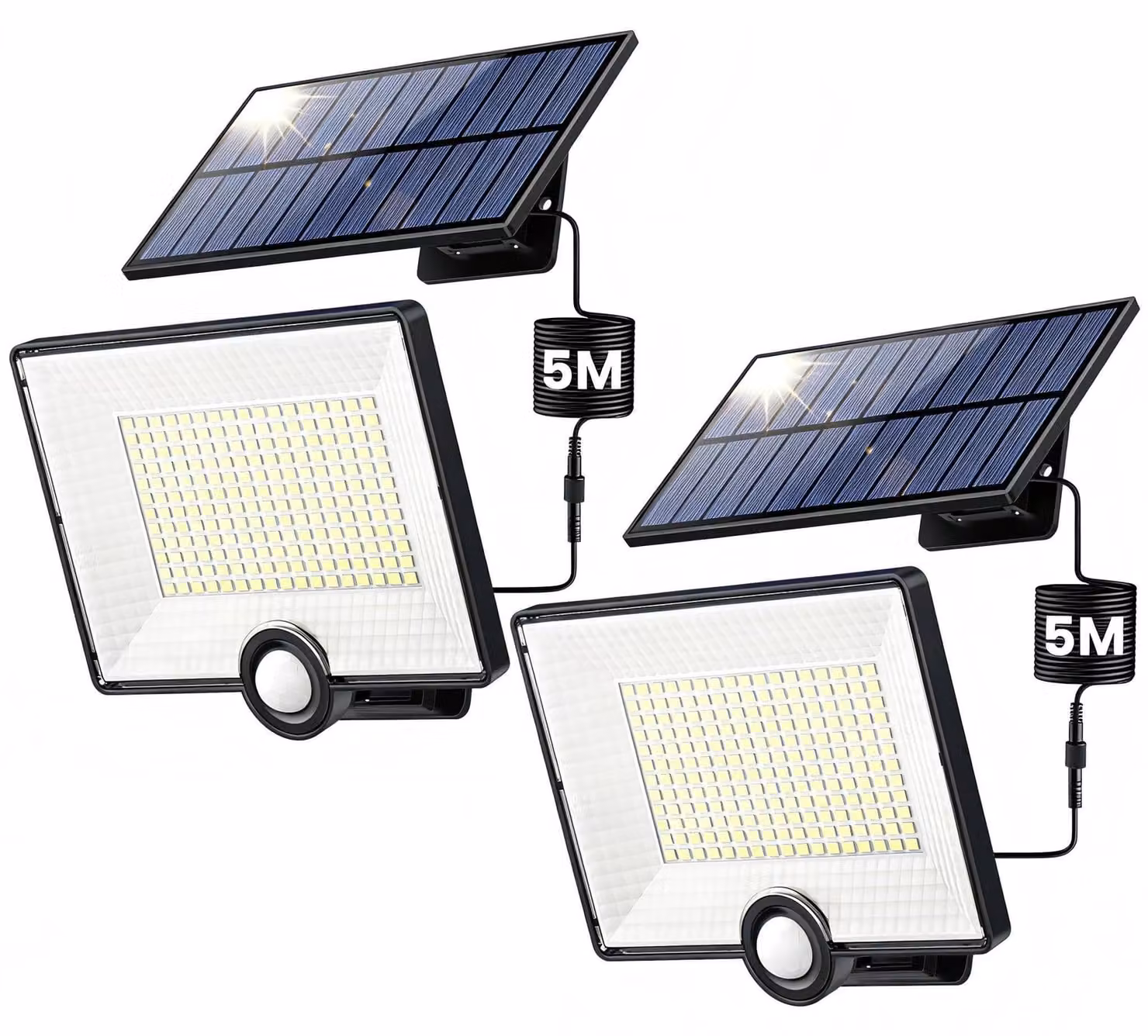 Lampada solare da esterno, 2000 lumen, 204 LED, grado di protezione IP65, cavo da 16,4 metri, confezione da 2 pezzi.