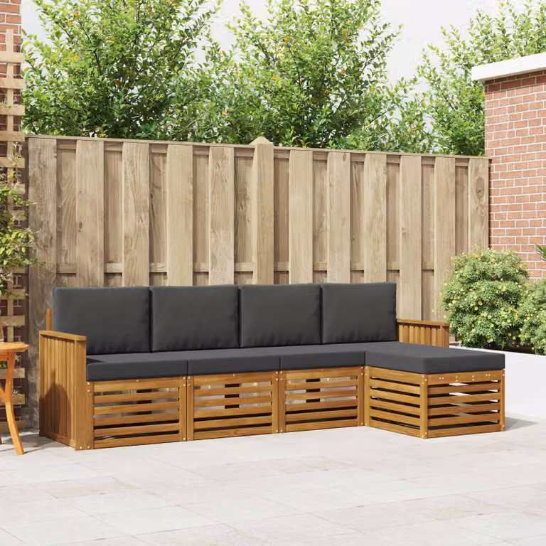 vidaXL Set di divani da esterno a L con pouf in legno di acacia, colore Antracite e Marrone