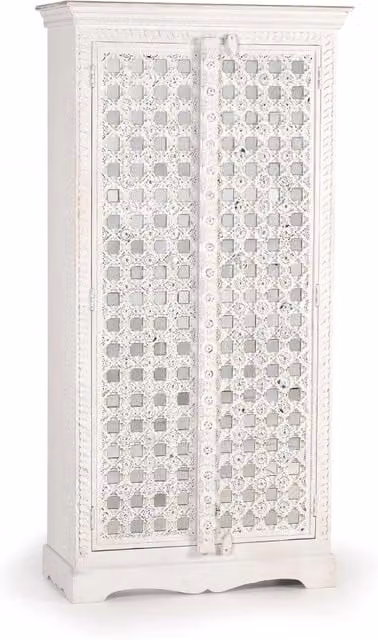 Armadio a due ante in legno di mango intagliato con specchio e ripiani interni bianco stile etnico H: 180 cm, L: 90 cm, P: 40 cm