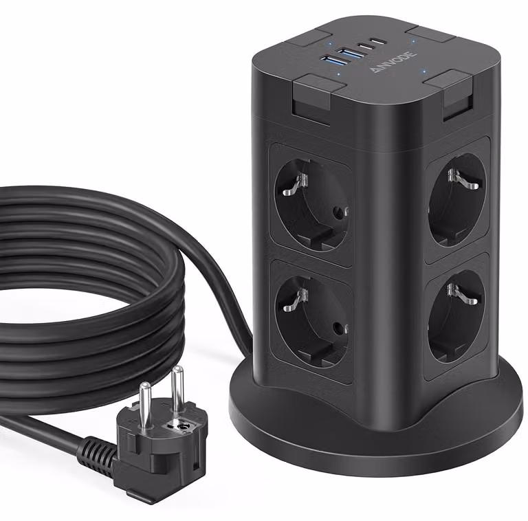 Torretta multipresa con interruttore, ciabatta con 8 prese e 4 porte USB, cavo da 2 metri, colore nero