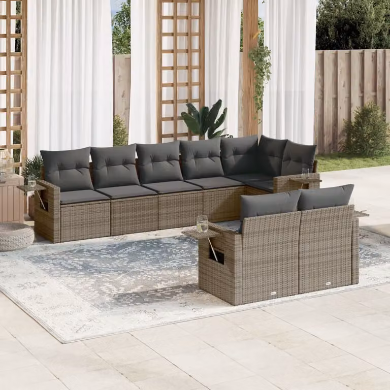 vidaXL Set Divano da Giardino a L in Polyrattan Grigio con 8 Pezzi e Cuscini