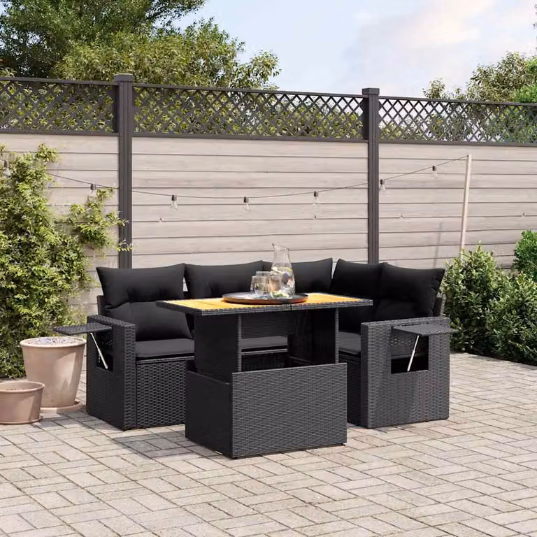 vidaXL Set Divani da Giardino a L 5 pz in Polyrattan Nero con Cuscini e Tavolino