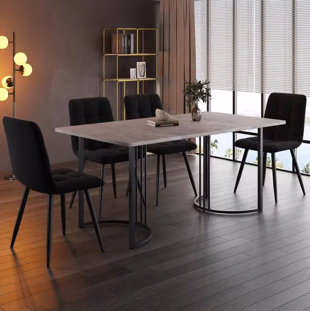 Set tavolo da pranzo 140x80 cm con 4 sedie in velluto grigio