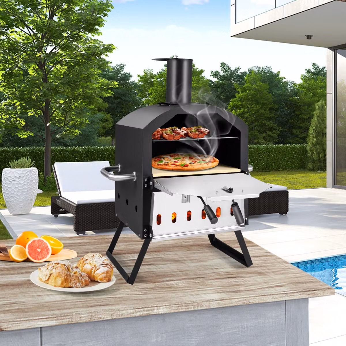 Forno per pizza a legna Costway con 2 strati e gambe pieghevoli, Nero