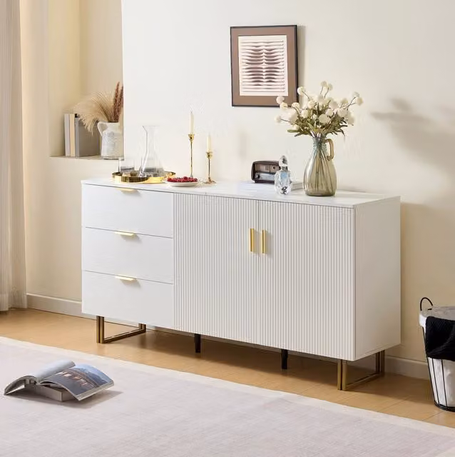 Credenza ULEVR 160x40x81,5 cm con 2 ante e 3 cassetti, mobile contenitore in MDF bianco con gambe in acciaio