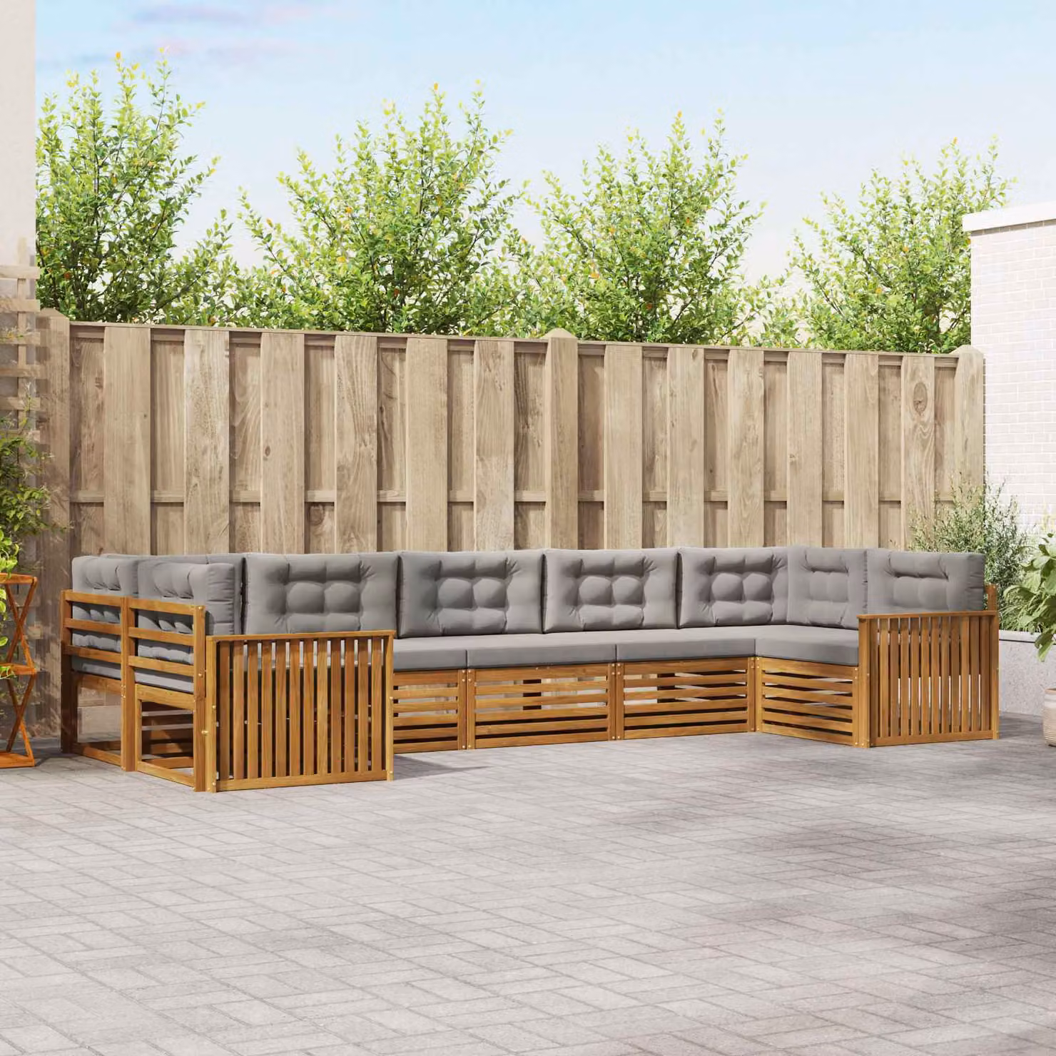 Set di divani da esterno vidaXL a forma di U composto da 7 pezzi in legno di acacia con cuscini inclusi, colore grigio e marrone