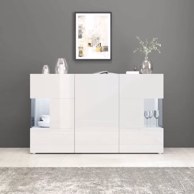 WHOUS Credenza Egypt a 3 ante con inserti in vetro espositivi bianco lucido 135x40x80 cm