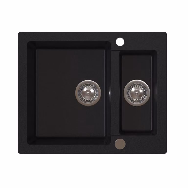 Lavello VBChome 60x50x20 cm, granito nero, 1,5 vasche, da incasso, effetto screziato, vasca di raccolta, sifone