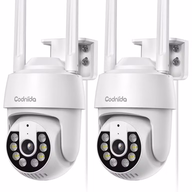 Telecamera di sicurezza esterna - 2 unità - Colore bianco - Risoluzione 3 MP - Funzione PTZ a 360 gradi - Visione notturna a colori