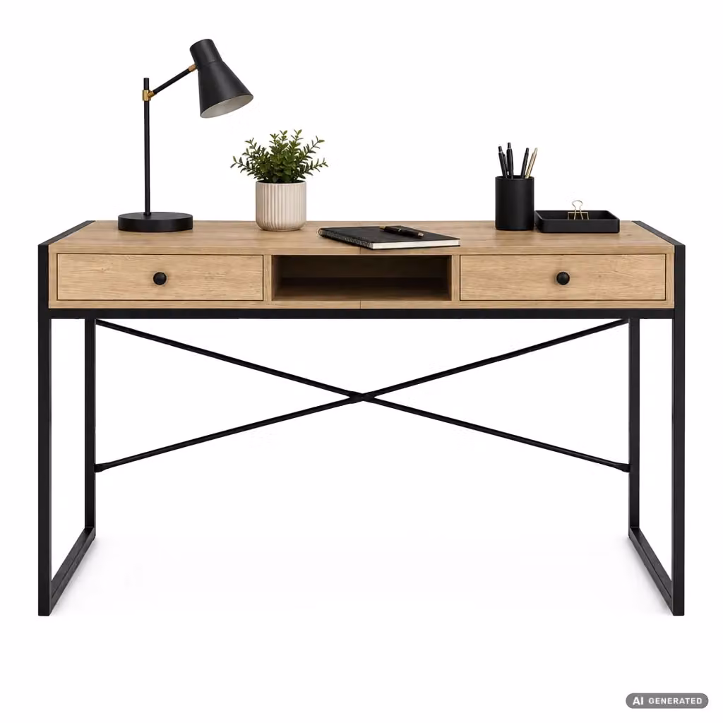 Scrivania da ufficio industriale AKORD FURNITURE FACTORY in legno e metallo, colore rovere e nero, L: 123 cm – 2