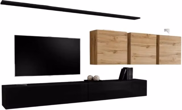 Composizione murale SWITCH VII mobile TV sospeso nero lucido e quercia Wotan design