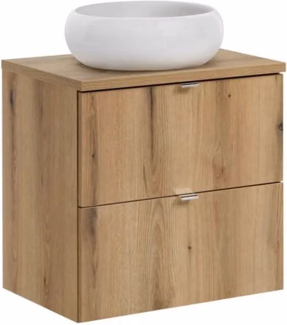 Set da bagno VANO in rovere 60cm: mobile sottolavabo con cassetti + piano per lavabo + lavabo da appoggio rotondo