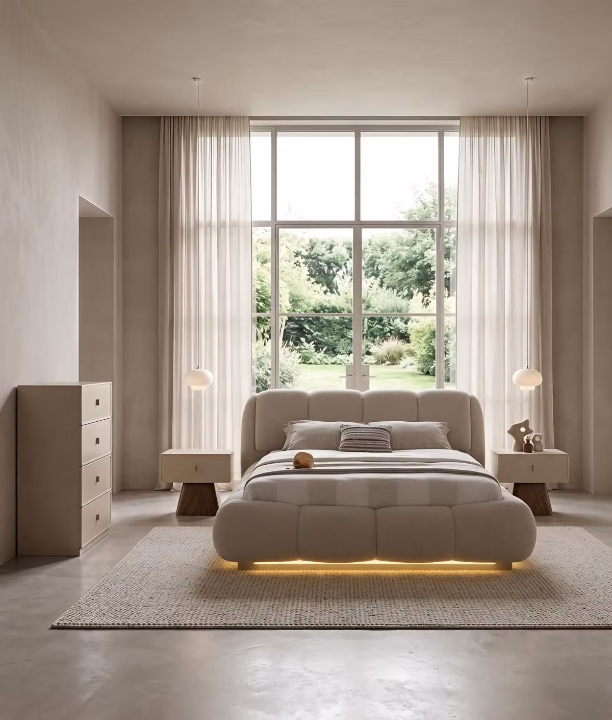 Set per camera da letto: letto, comodini, cassettiera. Design moderno, colore beige, stile elegante