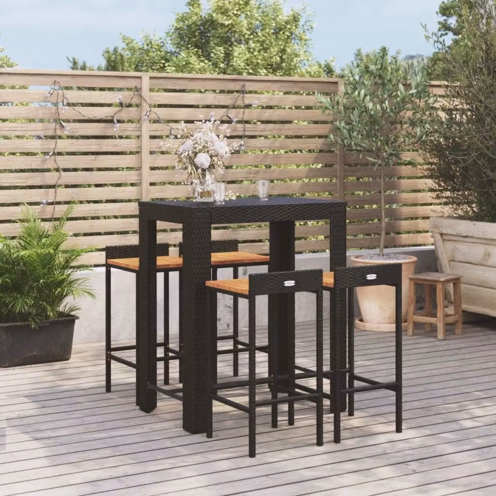 The Living Store Set bar da giardino 5 pezzi in poly rattan nero e legno massiccio di acacia