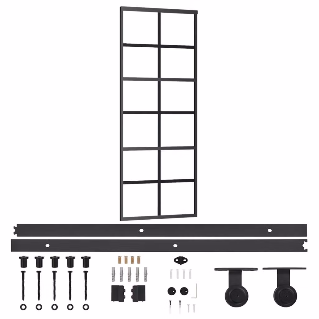 Porta Scorrevole in Alluminio e Vetro ESG con Kit di Montaggio vidaXL, Colore Nero e Trasparente, L: 76 cm, H: 205 cm – 2