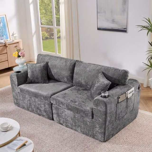 Divano 2 Posti Relax in Tessuto Chenille ¨C MINIMAL ¨C Grigio, con Cuscini e Portabicchieri