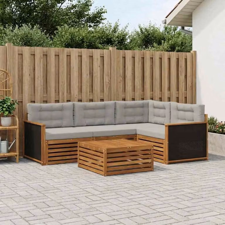 vidaXL Set di divani da esterno 5 pz in legno di acacia con cuscini, beige e grigio chiaro