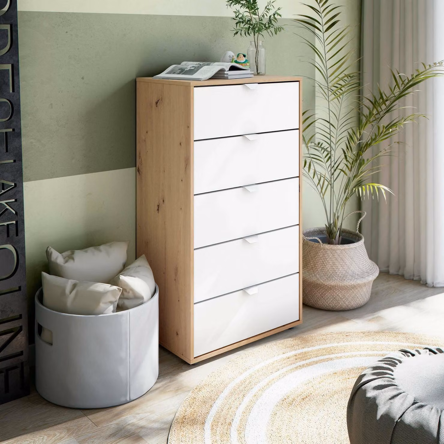 Dmora Cassettiera Praha 40x60x109h cm Bianco, 5 Cassetti Apertura Scorrevole
