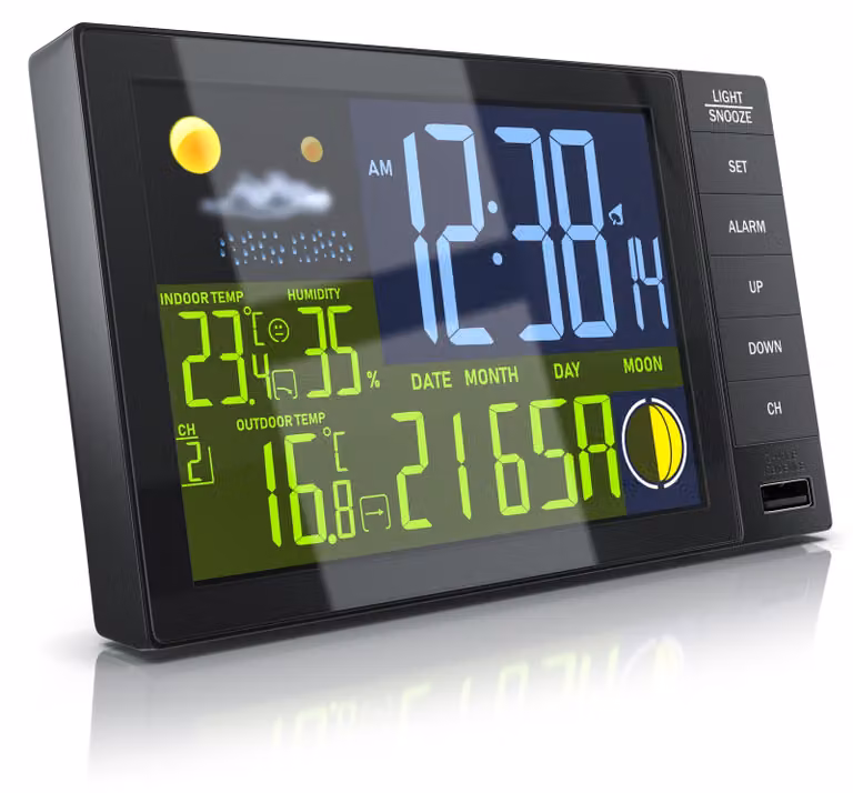Stazione meteo radio BEARWARE con sensore esterno, stazione meteo, interna ed esterna, orologio radiocontrollato con segnale DCF, display a colori, termometro, igrometro